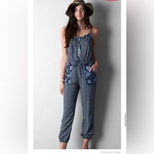 American Eagle Outfitters Navy Blue Boho Floral Fall Jumpsuit